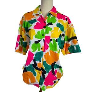 Vintage 80s ESPRIT Bright‎ Abstract Print Button Front Shirt S Pink Green Yellow